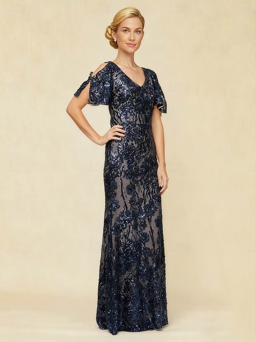 Women's Maxi Dress Sheath Dress Elegant Evening Party Party Sequins Lace Hollow Out Regular Fit Floral Half Sleeve Crew Neck Navy Blue 2026 - $199.99 –P1