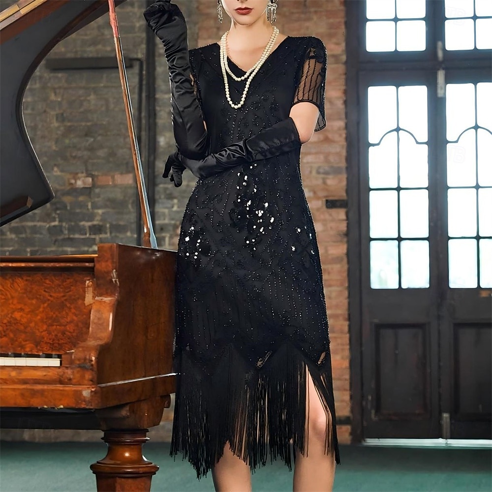 Set Anni Ruggenti Anni 1920 Lunghezza al ginocchio Abito Flapper Abito da cocktail Costume di fantasia con accessori Maniche corte Il grande Gatsby Ragazza Flapper Paillettes Frangia con nappe Scollo del 2026 a $57.99 –P5