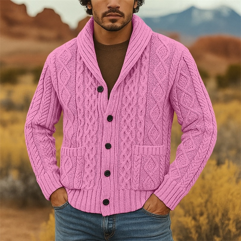 Bărbați Pulover Pulover Cardigan Striat Cablu Tricotat Topuri obișnuite Tricotat Simplu Șal  Guler Vacanță Modă Casual Purtare Zilnică Îmbrăcăminte Primăvara & toamnă Roz Îmbujorat Roz S M L 2026 - $45.99 –P6