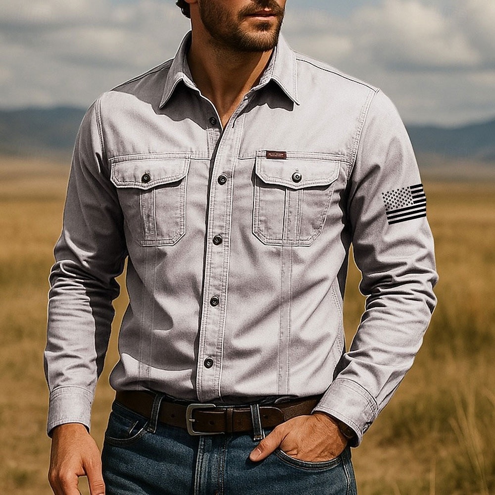 Herren Amerikanische US-Flagge Patriotisch Arbeitshemd Westernhemd Cargohemd Langarm Taktisch Vintage-Retro Sport im Freien Arbeitskleidung Frühling Herbst Umlegekragen Zwei Fronttaschen Hemden mit 2026 - $27.99 –P4