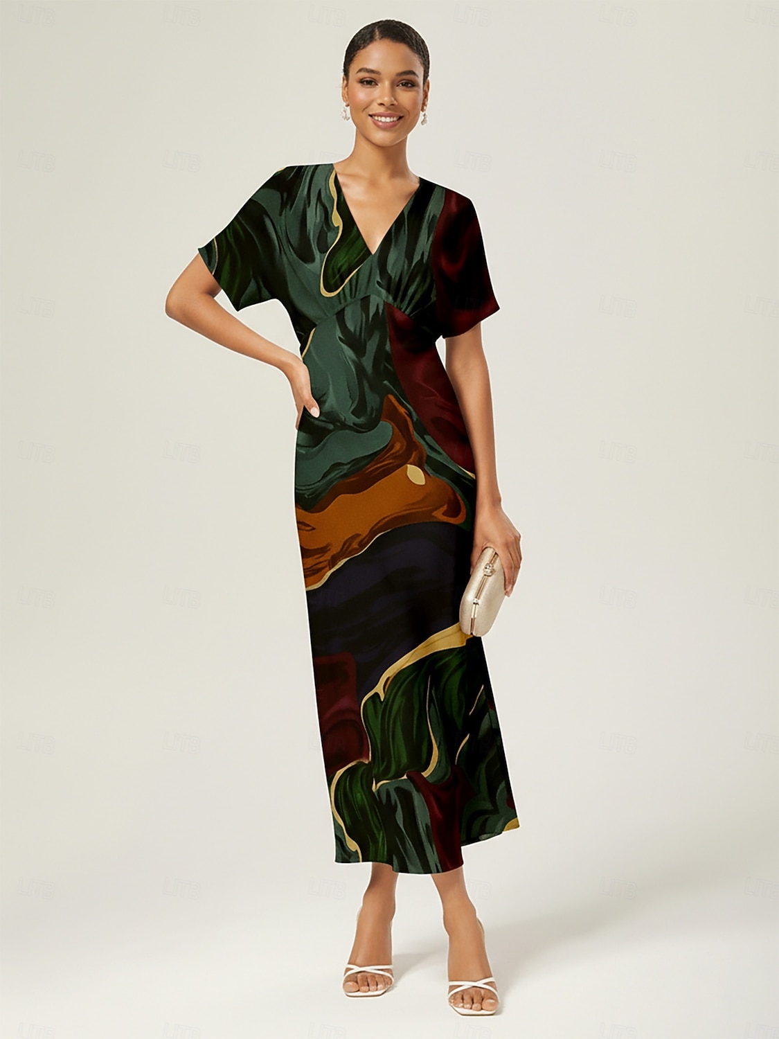 γυναικείο μάξι φόρεμα σατέν αφηρημένο σχέδιο ντολμάν μανίκι V λαιμόκοψη μέση γραβάτα κομψό casual διακοπές άνοιξη καλοκαίρι φθινόπωρο 2025 - $82.99 –P1