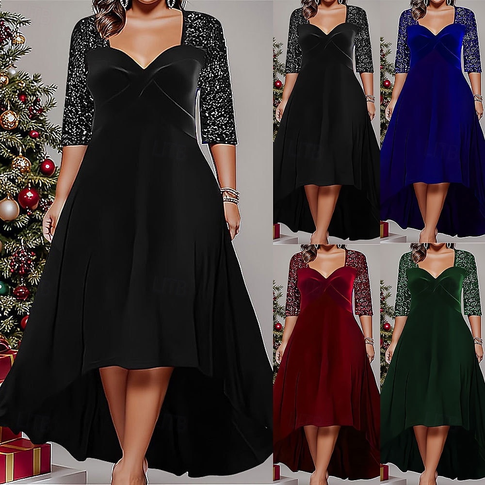 Robe à sequins grande taille pour femmes Couleur unie Col en V Manches 3/4 Printemps Automne Élégante Robe midi Fête Invité de mariage de 2026 ? $44.99 –P1