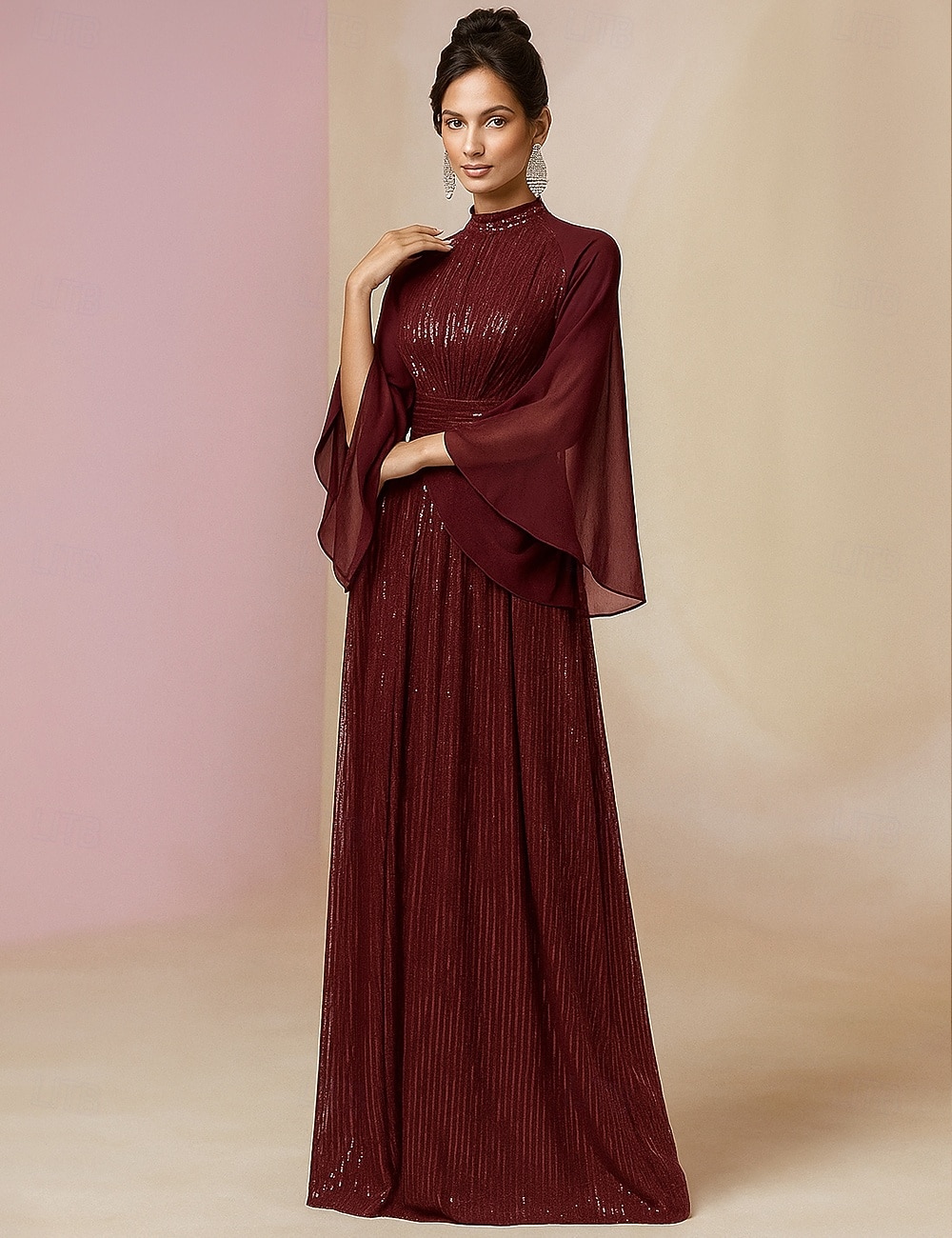 Rochie de invitată la nuntă A-Line lungă rochii formale rochie de seară rochie pentru mama miresei cu mâneci lungi gât înalt elegantă vintage strălucire și strălucire spandex cu paiete 2026 - $114.99 –P4