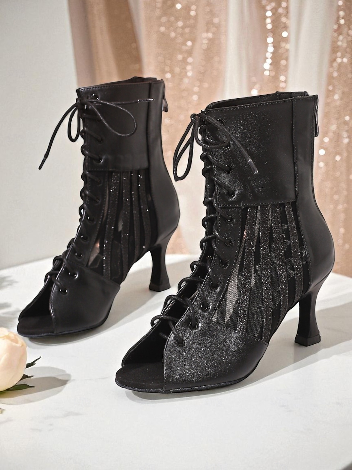 Schwarze Damen-Stiefeletten mit Schnürung und Peep-Toe, Mesh-High-Heel-Tanzschuhe für Abendgala, Abschlussball &Party-Outfits 2026 - $69.99 –P1