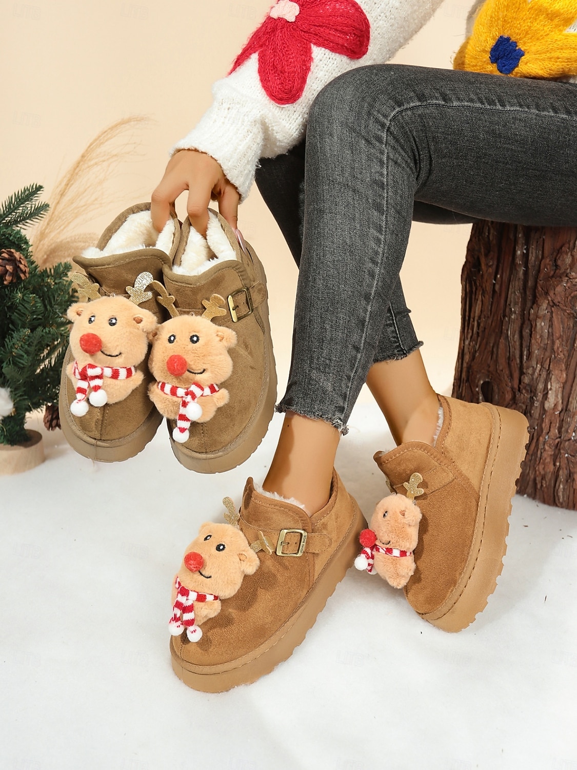 stivali da neve natalizi da donna in cammello con motivo a renne e sciarpa - stivaletti foderati in pile, morbidi e festosi, ideali per Natale e le riunioni di famiglia del 2025 a $34.99 –P6