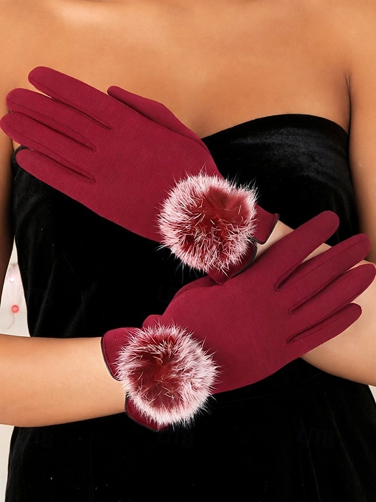 Guantes táctiles navideños para mujer con pompones de piel sintética de conejo, tejido de poliéster cálido, varios colores, perfectos para la moda de invierno y regalos navideños. 2026 - $11.99 –P3