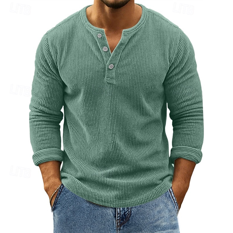 Herren T Shirt Cordhemd Henley Hemd T-Shirt Langarm Henley Frühling Herbst Einfach Mode Designer Basic Knöpfe Urlaub Straße Ausgehen Wein Top T-Shirt für Herren 2026 - $31.99 –P6