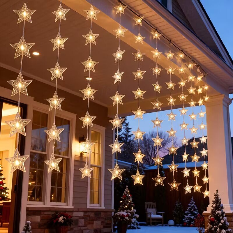 Новые светодиодные занавесные звёздные гирлянды работающие от USB с дистанционным управлением для праздничных гирлянд на террасе на заднем дворе для вечеринки многоцветное освещение 2026 - MXN $997.55 –P4