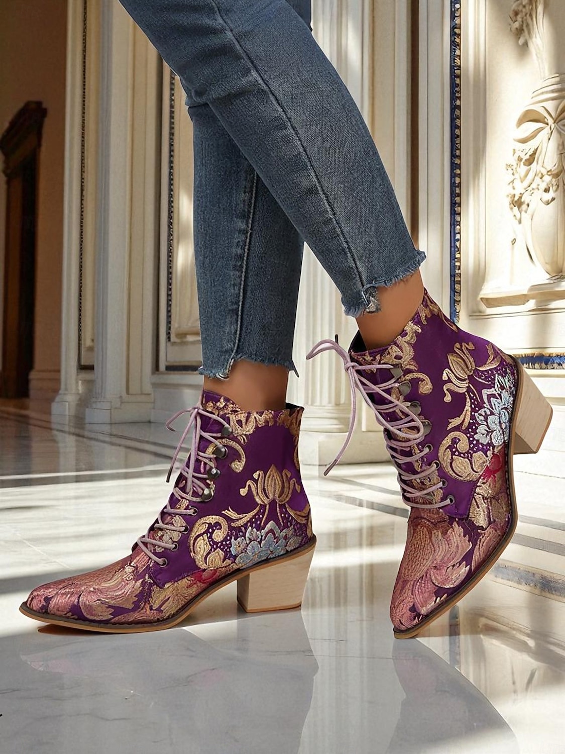 Women's Purple Jacquard Lace-Up Ankle Boots with Floral Embroidery and Low Block Heel - Baroque Vintage Style Boots for Ladies, Perfect for Festivals, Gatsby Parties 2026 - $54.99 –P5