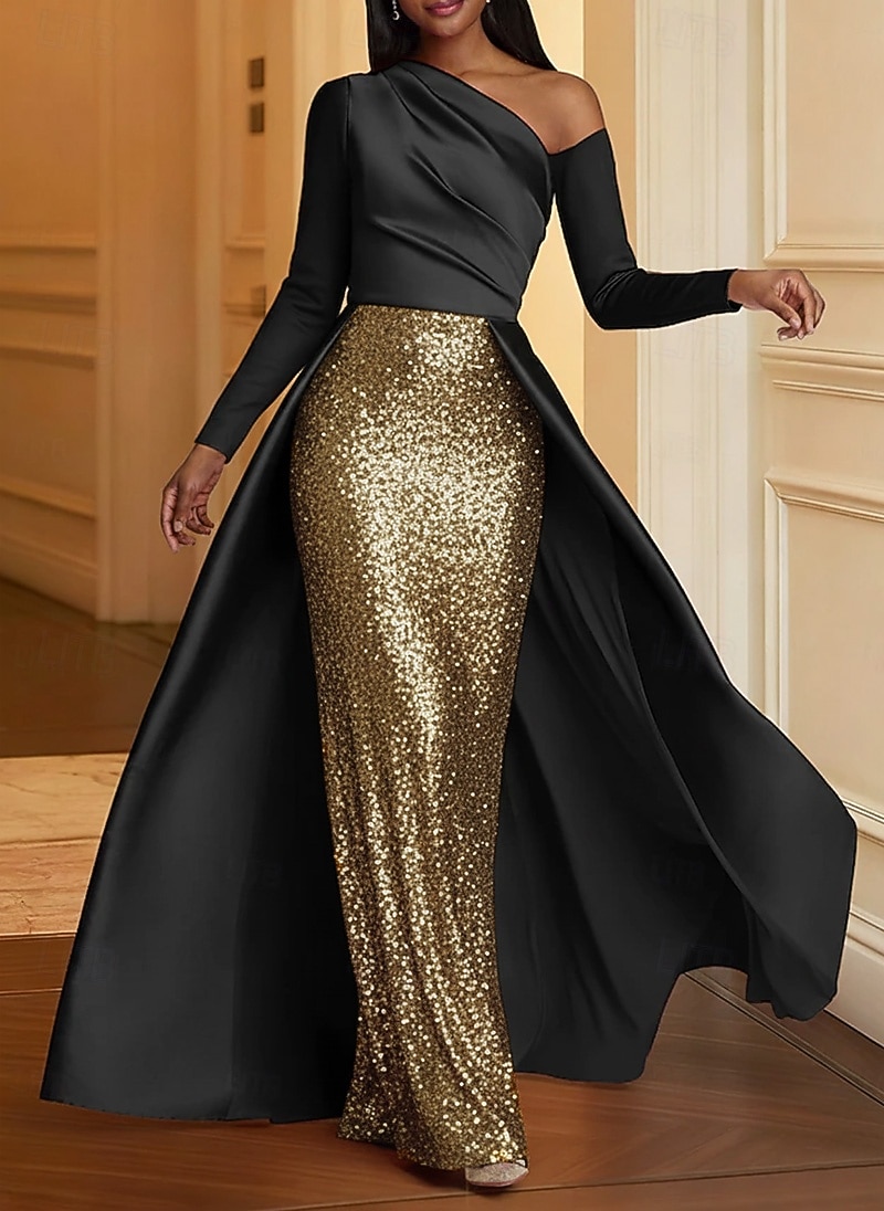 Mermaid Trumpet Floor Length Evening Gown Ball Gown with Overskirt Formal Dress Elegant Glittering Sparkle Long Sleeve One Shoulder Wedding Formal Stretch Satin Sequined with Glitter 2026 - $195.99 –P1