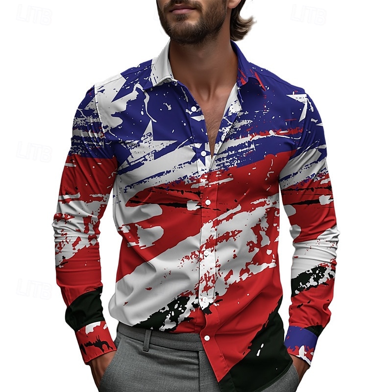 2026年 メンズ アメリカンフラッグ シャツ カジュアルシャツ ビーチシャツ ロングスリーブ カジュアル 快適 バケーション ストリート ハワイアン スプリング フォール ラペル プリント 赤 青  コレクション – $27.99 –P2