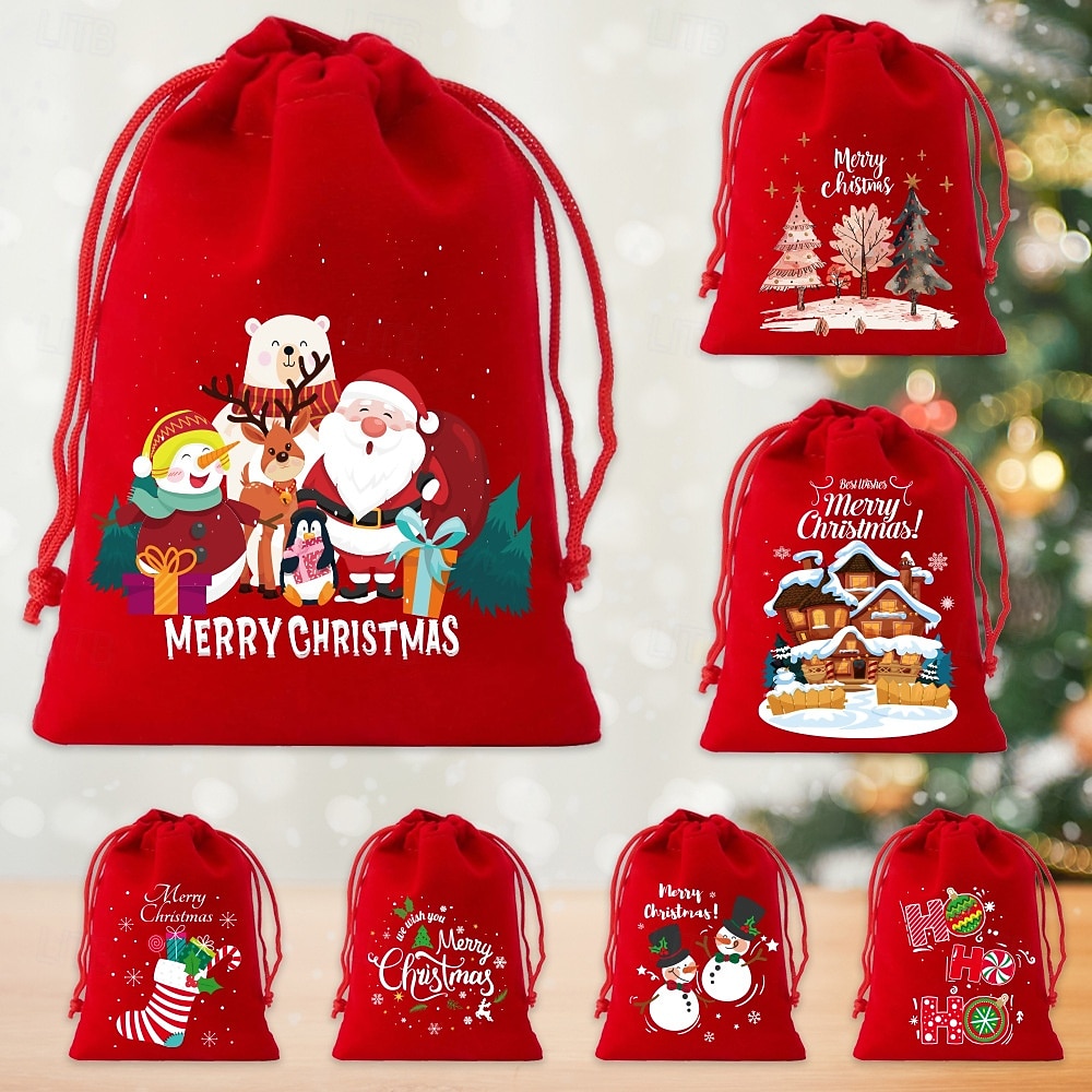 7 dużych świątecznych torebek ze ściągaczem - Święty Mikołaj, Wesołych Świąt, czerwony &Zielone upominki na przyjęcie świąteczne z zamknięciem na sznurek, idealne do przechowywania prezentów na Boże 2026 - $10.99 –P1