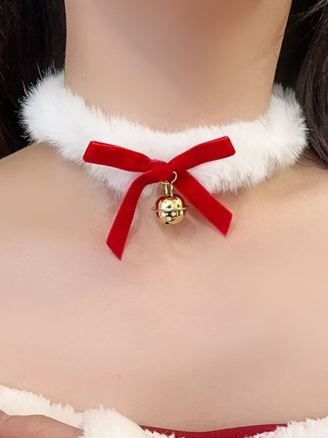 Kerstchoker met fluwelen strik voor dames, met imitatiebont en gouden bel, feestelijke feestdagenhalsketting voor kerstfeestjes en wintervieringen 2026 - $7.99 –P6