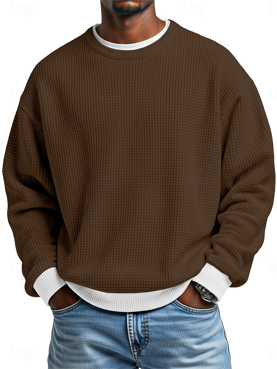 Men's Waffle T-shirt Pullover Sweatshirt Tee Top Long Sleeve Shirt Long Sleeve Crew Neck Round Winter Spring &  Fall Plain Fashion Designer Basic Fashion Fake two piece Vacation Street Casual Light 2026 - $25.99 –P9