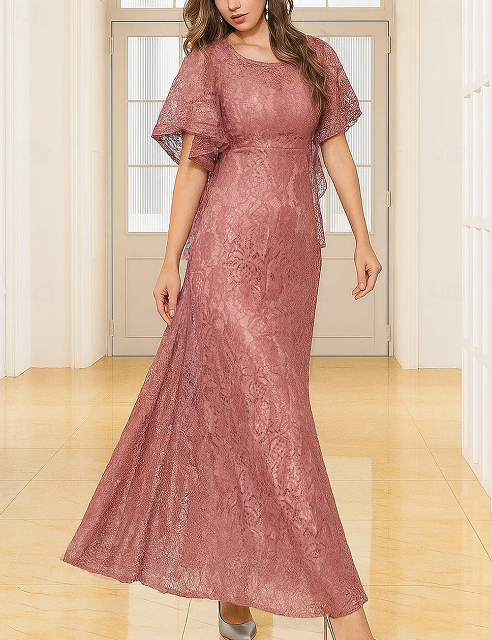 Ligne A Longueur au sol Robe de Cérémonie Robe de soirée Manche Courte Col ras du cou Élégant ancien Fête Dentelle Polyester Robe de Mère de Mariée  avec Dentelle de 2025 ? $74.99 –P6