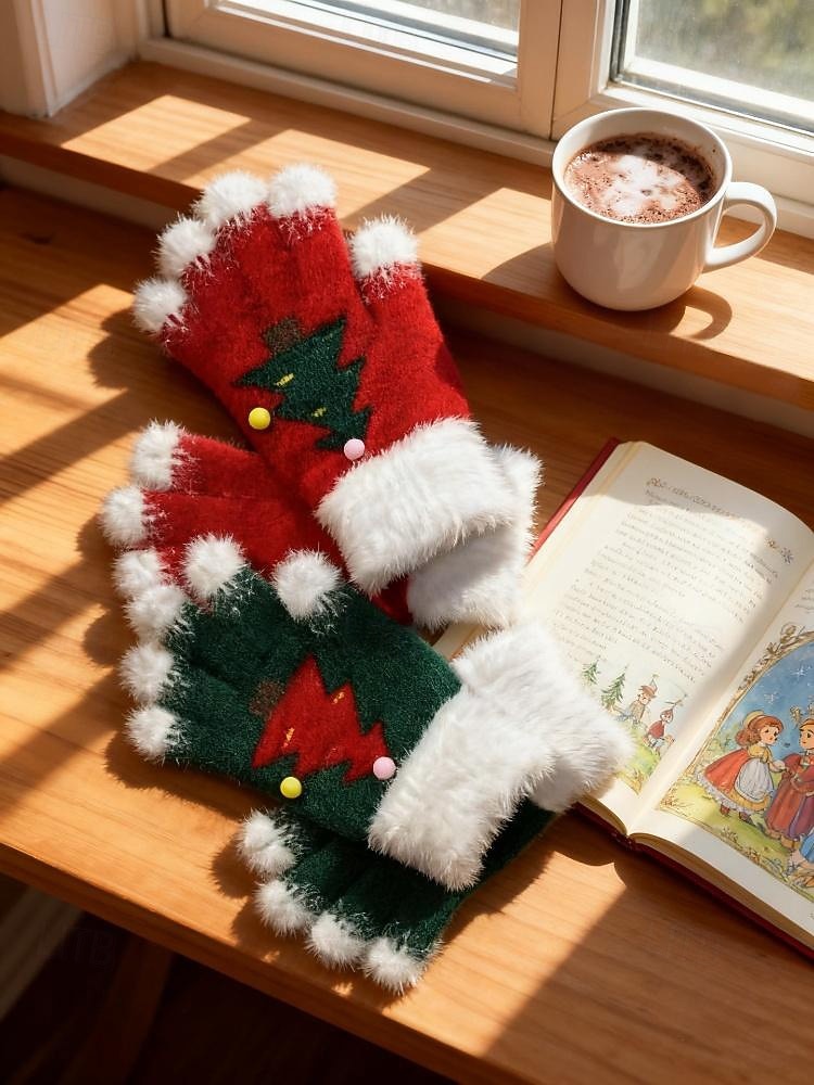 Kerst gebreide handschoenen voor dames met zachte manchetten en kerstboomontwerp, warme winterwanten voor volwassenen en kinderen, leuk accessoire voor een feestje tijdens de feestdagen 2026 - $9.99 –P7