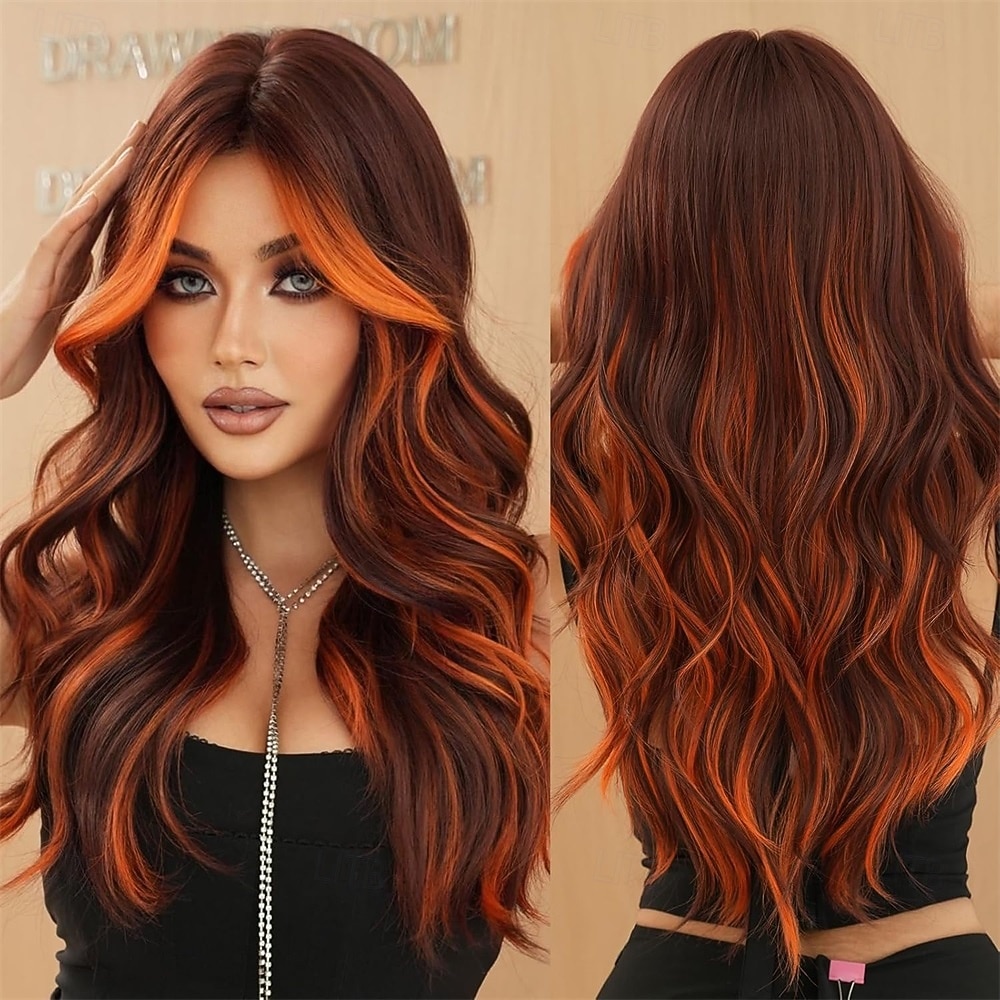 Peruca longa ondulada em tons de laranja e castanho com franja, 66 cm (26 polegadas), franja cortina ruiva vibrante, peruca sintética resistente ao calor com raiz escura e mechas acobreadas, peruca de 2026 por $24.99 –P2