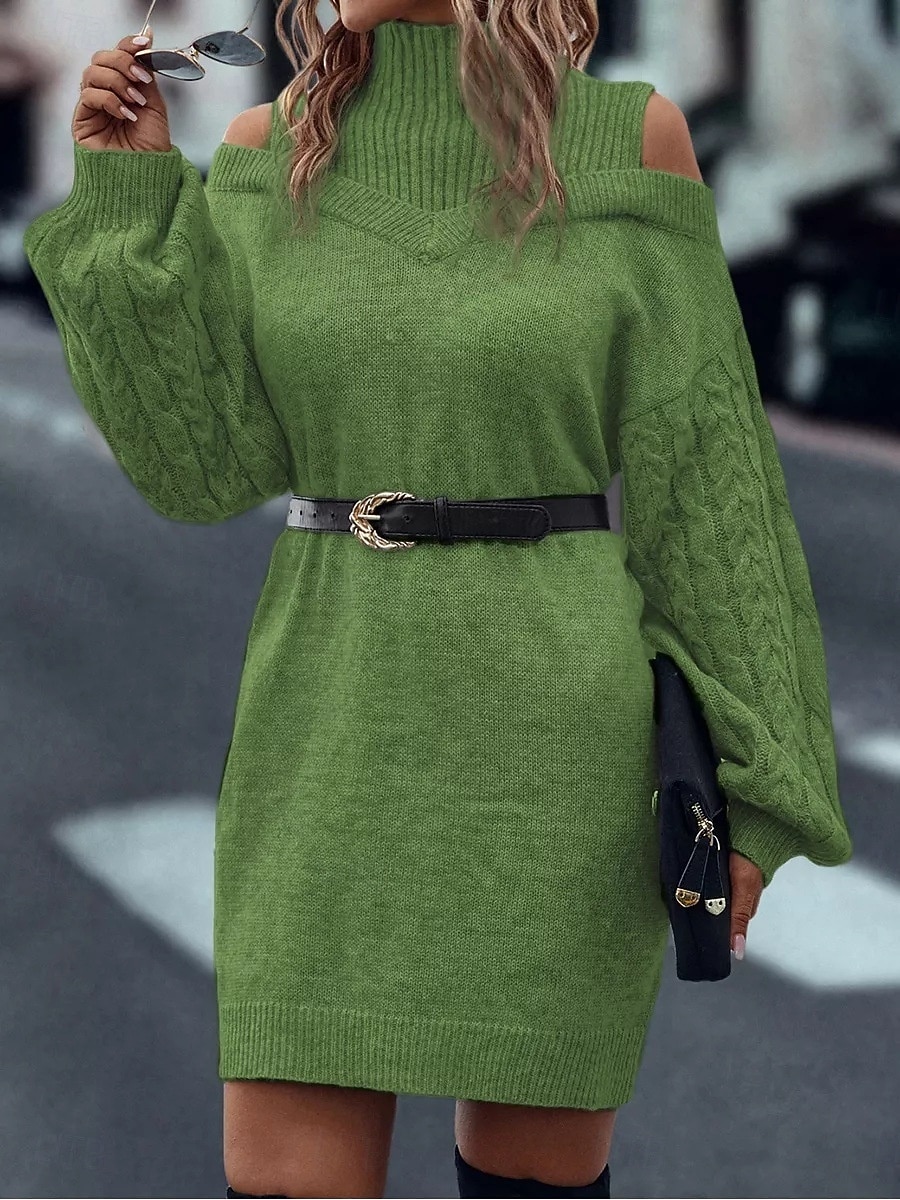 Pentru femei Pulover Rochie pulover Casual Moale Culoare pură Striat Guler Pe Gât Tricotat Manșon Lung Topuri lungi Tricotat În aer liber Zilnic Sfârșit de săptămână Negru Trifoi Toamnă Iarnă 2026 - $36.99 –P14