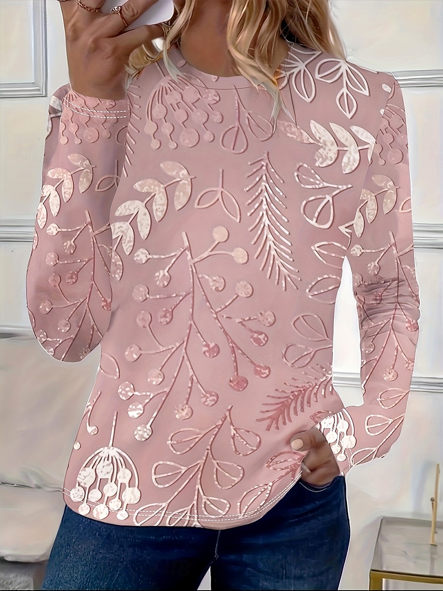 Mujer Camiseta Estampado Floral Graphic Plantas Vintage Moda Elegante Manga Larga Cuello Barco Escote Redondo Tops regulares Diario Fin de semana Rosa Primavera Otoño Invierno 2026 - $24.99 –P1