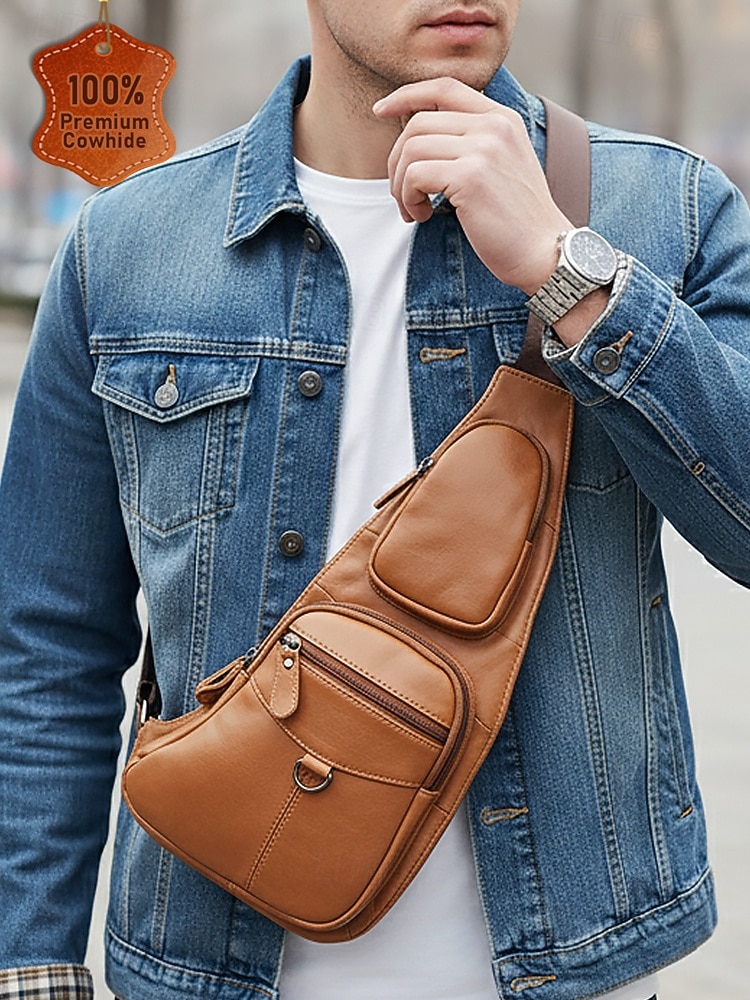 bolsa tiracolo masculina de couro premium - mochila tiracolo estilosa com vários zíperes para uso diário, viagens e atividades ao ar livre de 2026 por $34.99 –P2