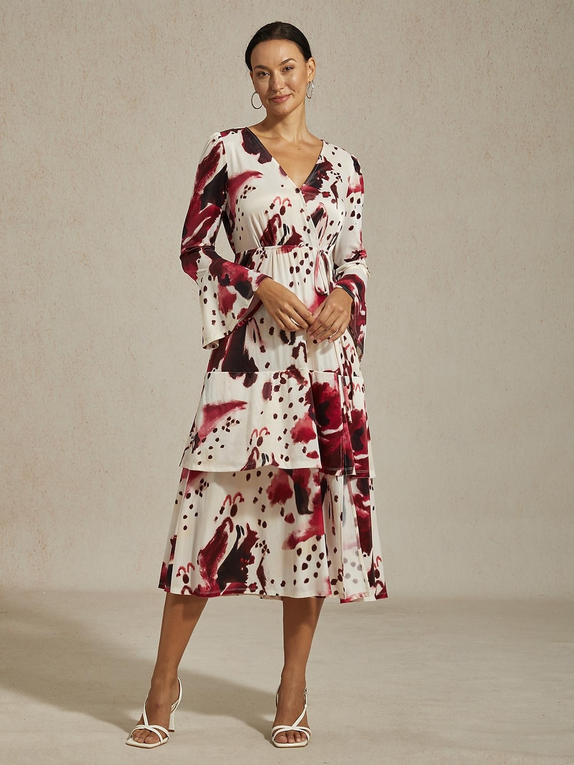 abito lungo da donna bordeaux manica lunga scollo a V elegante casual vacanza quotidiano primavera autunno del 2026 a $102.99 –P1