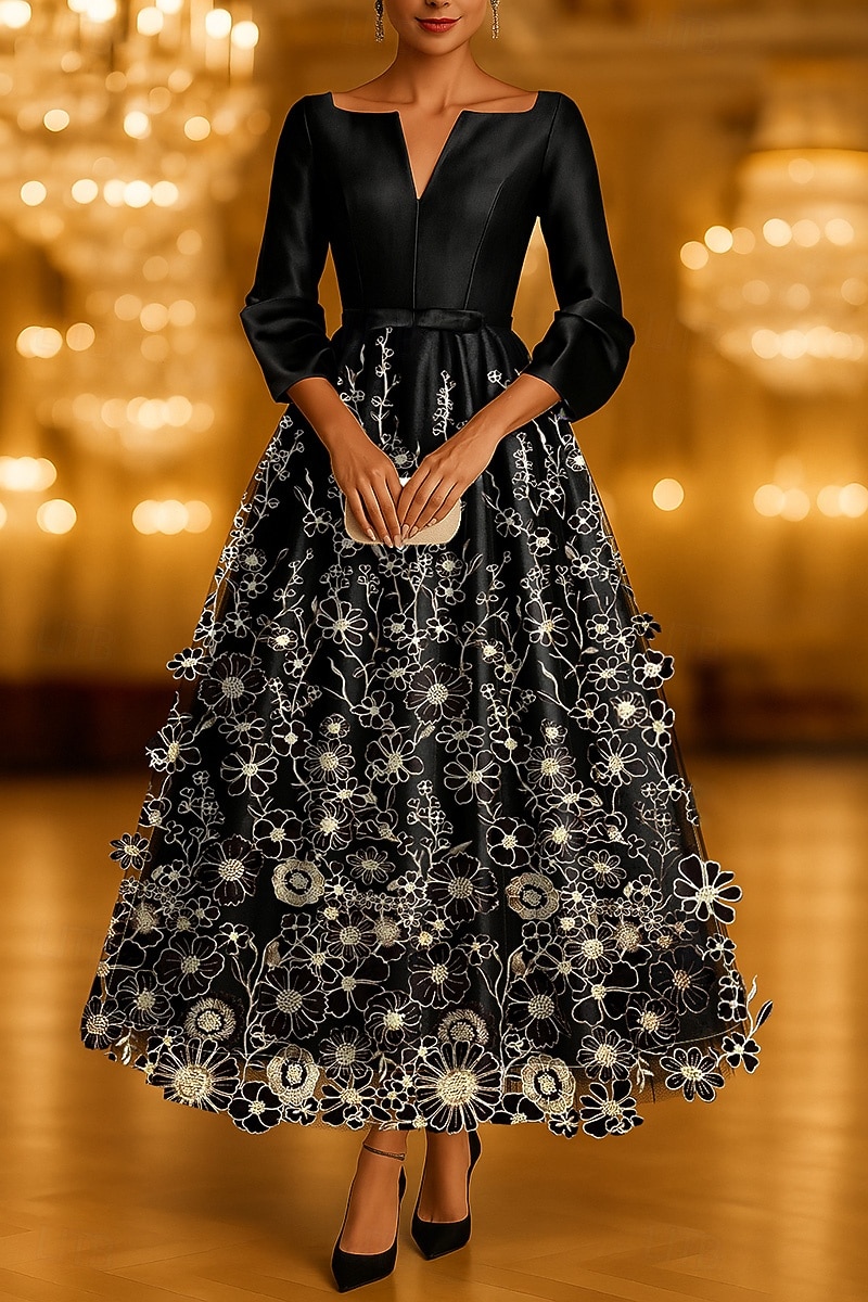 A-Line Tea Length Cocktail Dresses Party Dresses Elegant 3/4 Length Sleeve V Neck Garden Party Wedding Taffeta with Bow(s) Appliques 2026 - $195.99 –P1