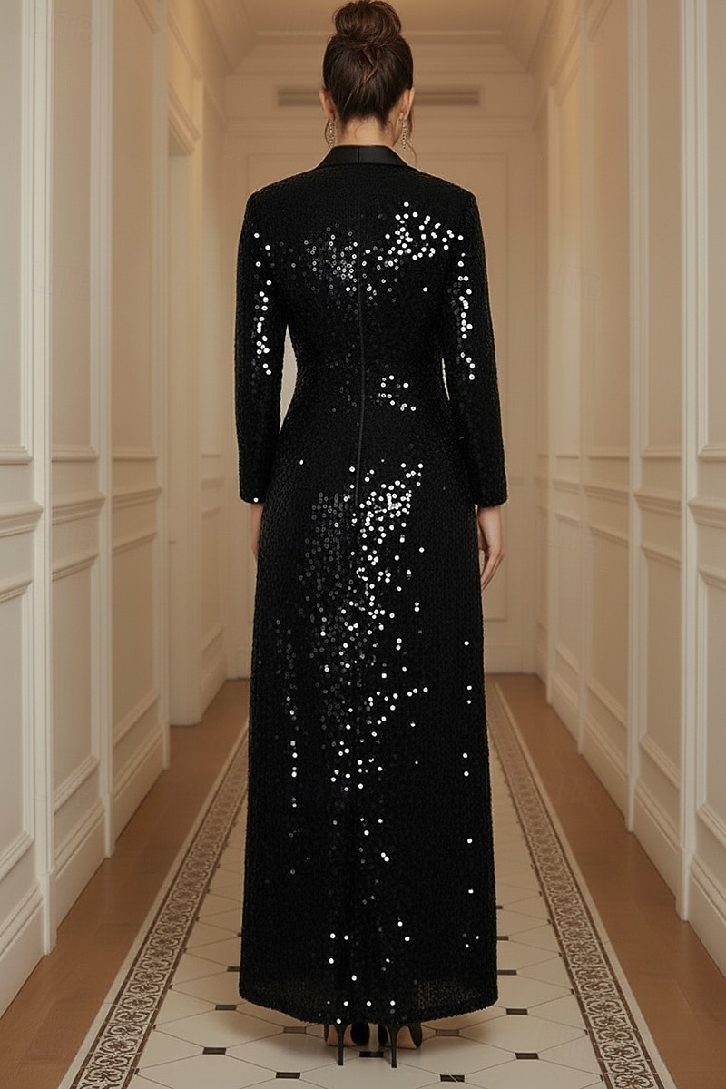 Abito da smoking Linea ad A Formale Raso Con Paillettes Elegante Manica Lunga Lunghezza al pavimento Bavero classico Bavero Doppiopetto del 2025 a $154.99 –P2