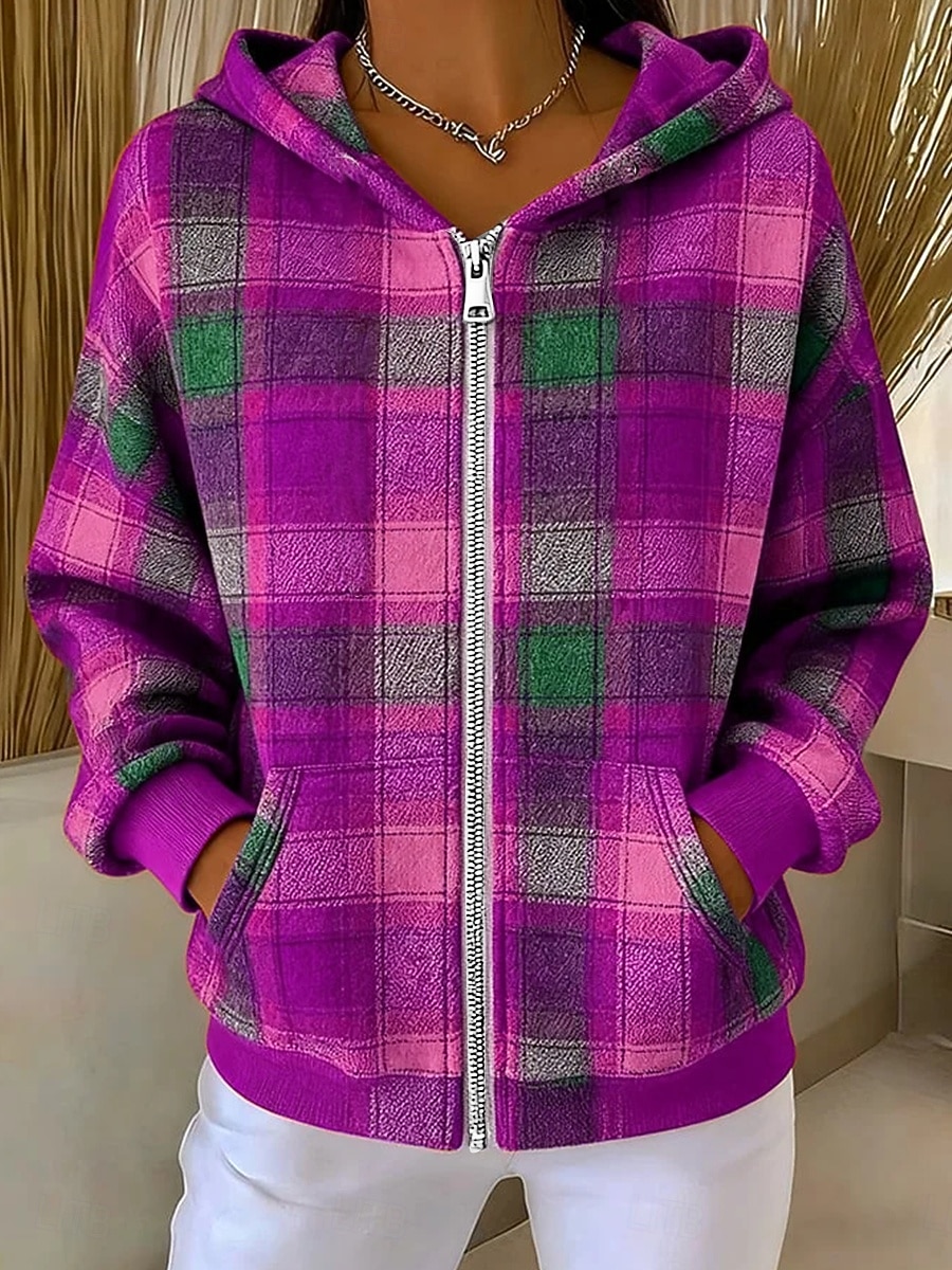 Per donna Felpe con cappuccio Patchwork Cerniera Tasca Grafico Plaid Moda Casual Manica Lunga Con Cappuccio Top Regolari Streetwear Abbigliamento Quotidiano Blu Giallo Viola Marrone Verde Autunno del 2026 a $36.99 –P3