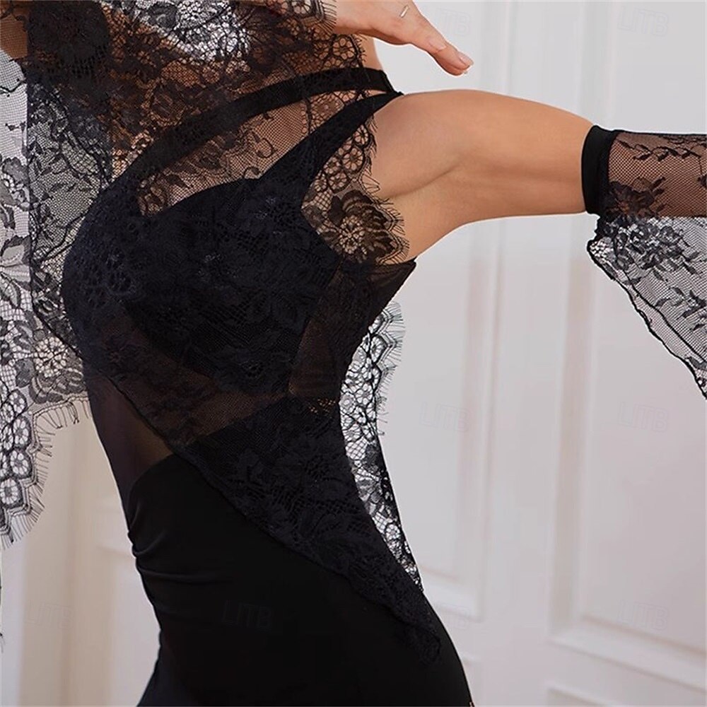 Women's Ballroom Dance Dress Black Lace Patchwork Mesh Asymmetric Shoulder Elegant Tango Rumba Competition Performance Gown 2026 - $484.19 –P9