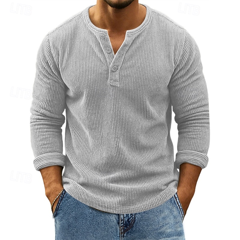 Herren T Shirt Cordhemd Henley Hemd T-Shirt Langarm Henley Frühling Herbst Einfach Mode Designer Basic Knöpfe Urlaub Straße Ausgehen Wein Top T-Shirt für Herren 2026 - $31.99 –P3