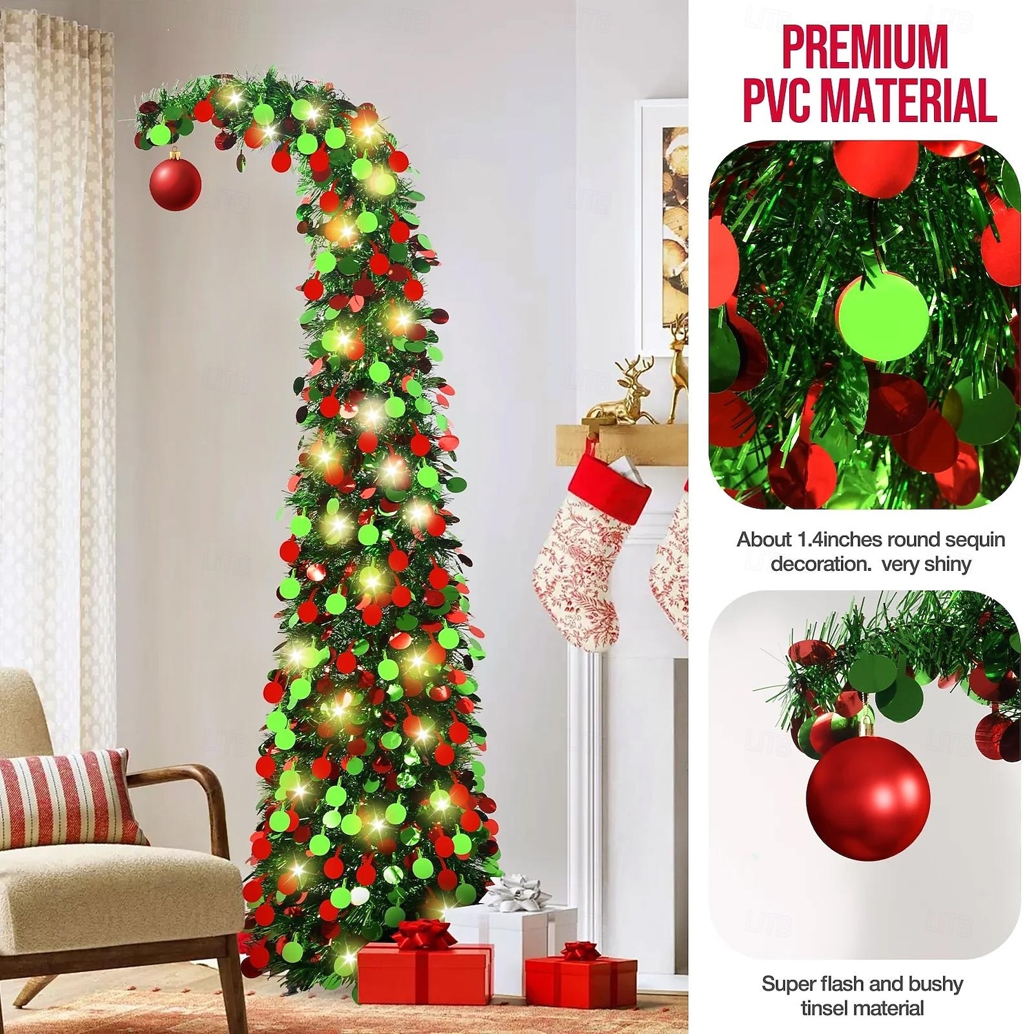 Christmas crooked neck red and green decorative circular Christmas tree 5M50Leds warm light string indoor apartment living room porch holiday decorative light 5FT 2025 - CAD $40.99 –P11