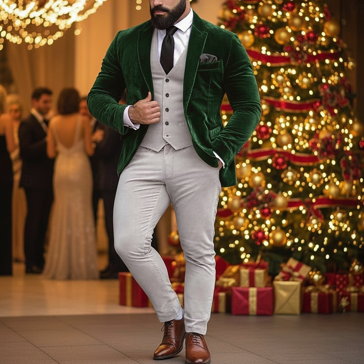 Blazer masculino de veludo com fecho de colarinho, moda natalina para festa, cor sólida, amarelo, vermelho, verde, ajuste padrão, abotoamento simples, um botão de 2025 por $105.99 –P2
