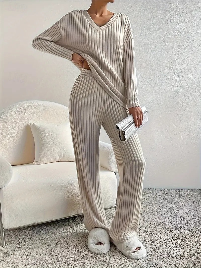 Femmes Élégant Chaud ancien Ensembles deux pièces manche longue Col en V Couleur Unie Extérieur Occasionnel Quotidien Noir Vert Claire Marron clair Printemps Coupe Ample de 2025 ? $21.99 –P5