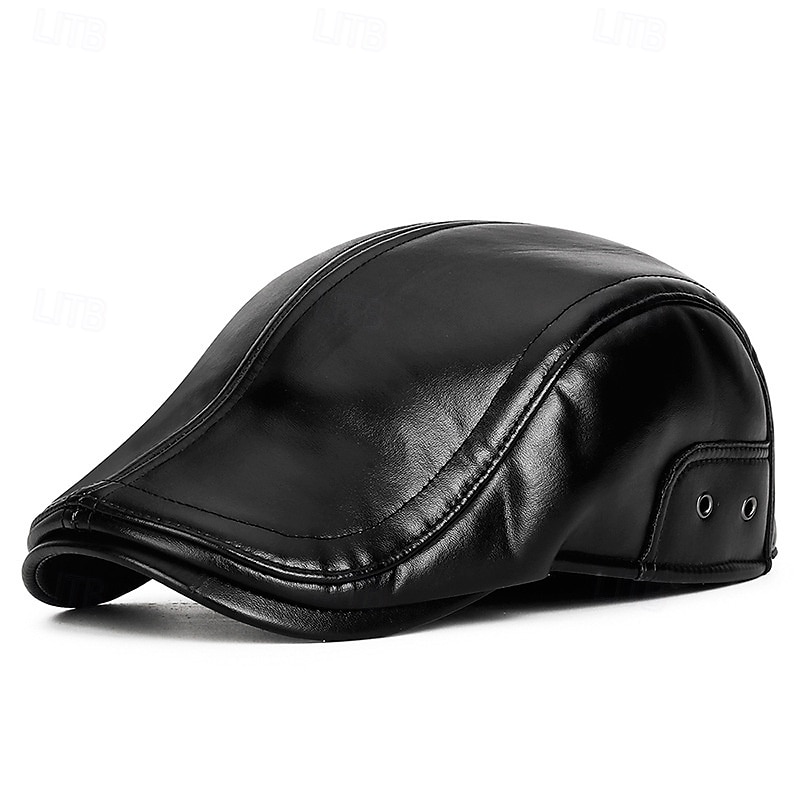 Men's Ear Flap Hat Winter Leather Hat Flat Cap Winter Hats Winter Warm Cap Black Coffee PU Leather Fleece Fashion Modern Contemporary Daily Wear Date Solid / Plain Color Thermal Warm Windproof 2026 - $9.49 –P6