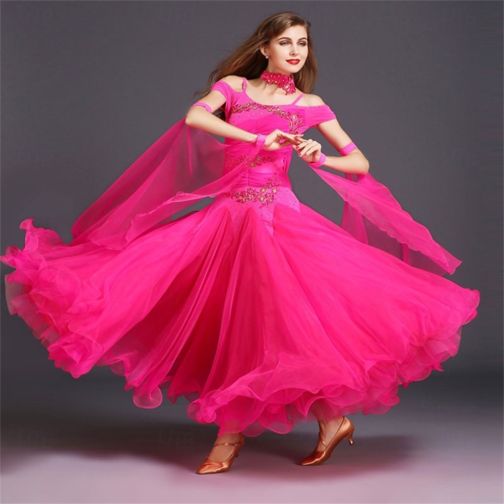 женское платье для бальных танцев, ярко-розовое, с цветочной аппликацией из страз, многослойной органзы, элегантное, для выступлений на соревнованиях по вальсу, танго, фокстроту 2026 - $166.99 –P12
