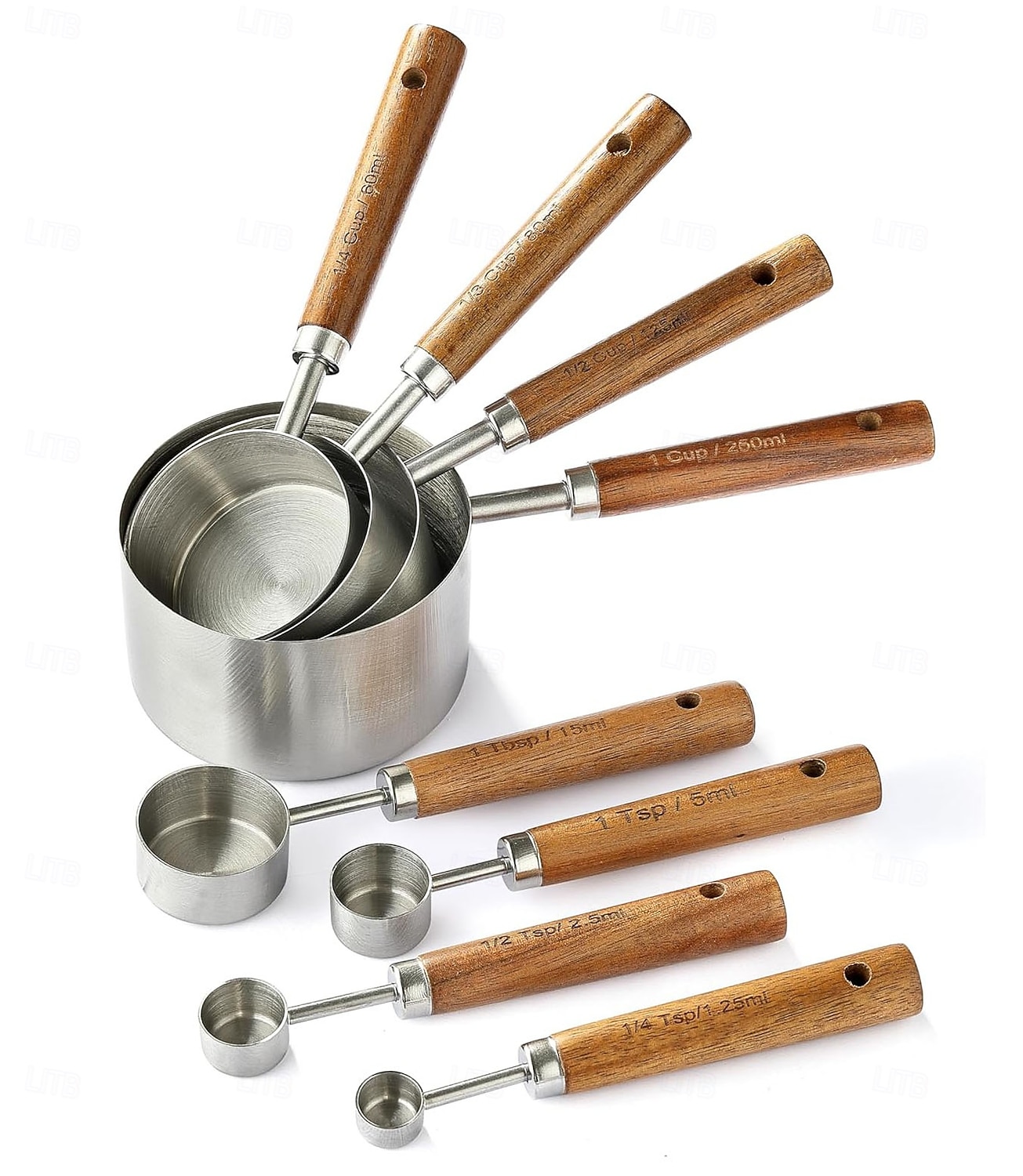 مجموعة من 8 قطع من أكواب القياس والملاعق - أكواب قياس من الفولاذ المقاوم للصدأ بمقبض خشبي، مجموعة ملاعق قياس معدنية، مجموعة قياس المطبخ للمطبخ/الطعام/الخبز 2026 - $45.99 –P4