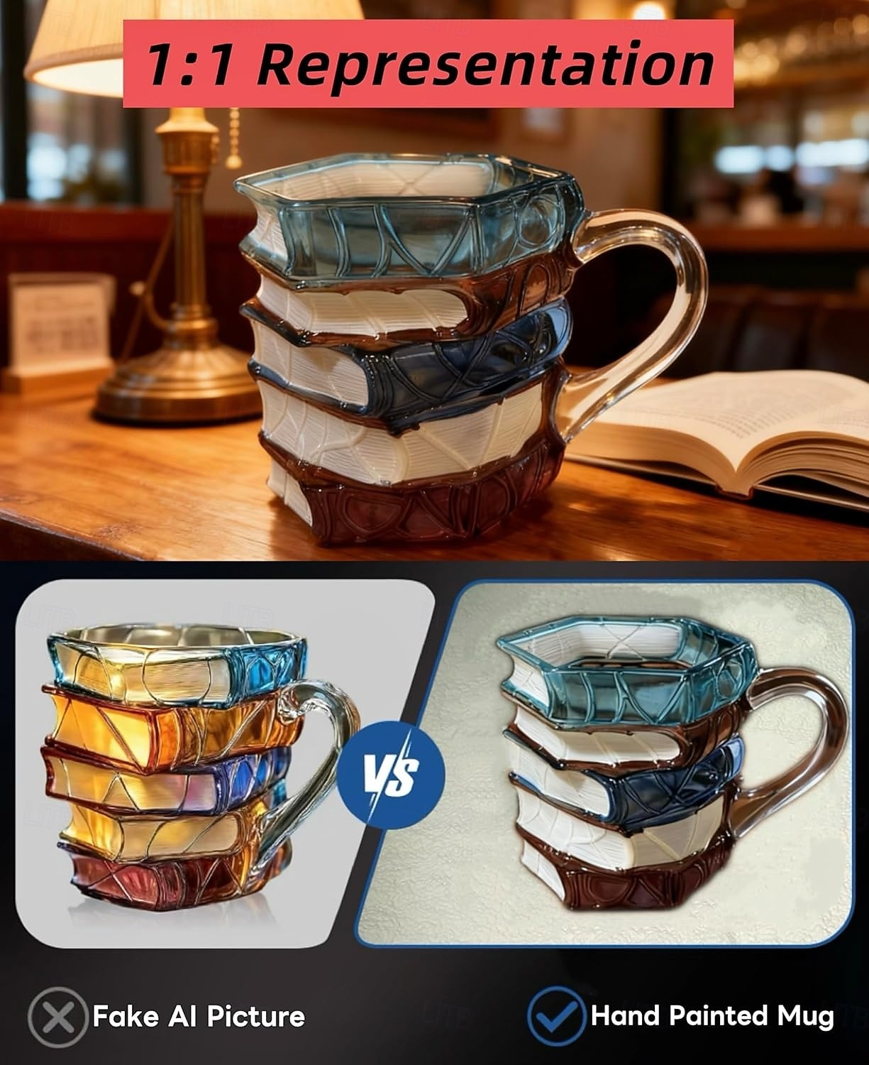 Taza con forma de libro pintado, original taza de café con libros pintados en 3D, regalo navideño, taza de café única de cristal con forma de libros apilados, regalo ideal para coleccionistas, lectores, bibliotecarios y amantes de la literatura. 2026 - $16.99 –P1
