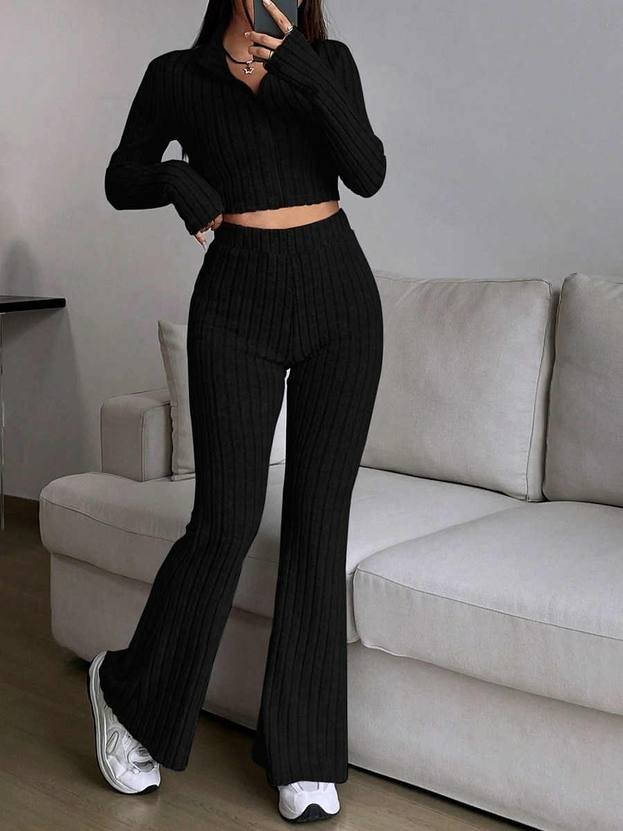 Women's Pants Sets Bolero Top Long Sleeve Shirt Collar Solid Color Zipper Fashion Streetwear Casual Daily Outdoor Black Wine Camel Spring Slim 2026 - $32.99 –P10