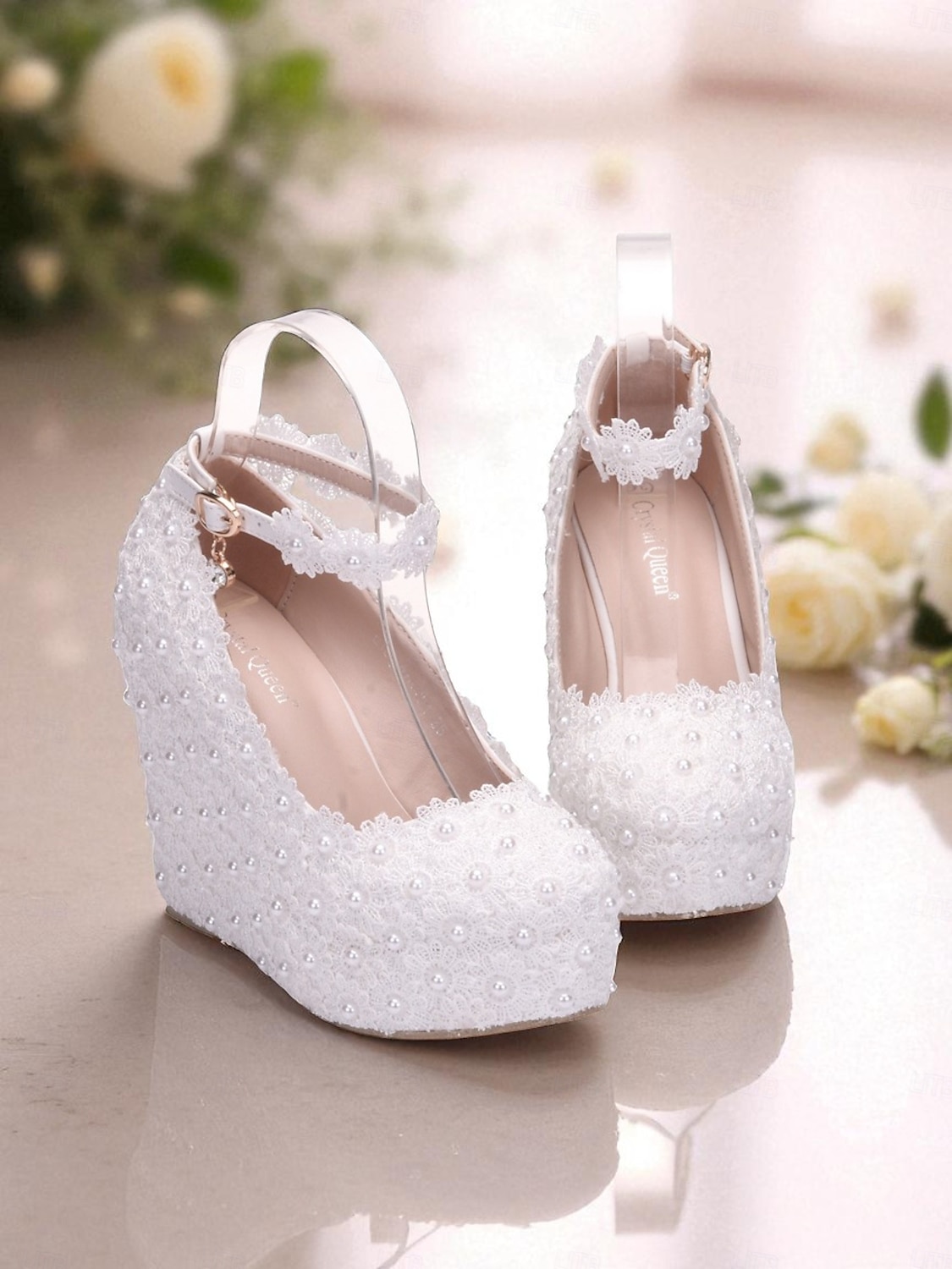 scarpe con zeppa da sposa per la sposa – scarpe con plateau in pizzo bianco e perle con cinturino alla caviglia, comode scarpe da sposa per cerimonia e ricevimento del 2026 a $64.99 –P2