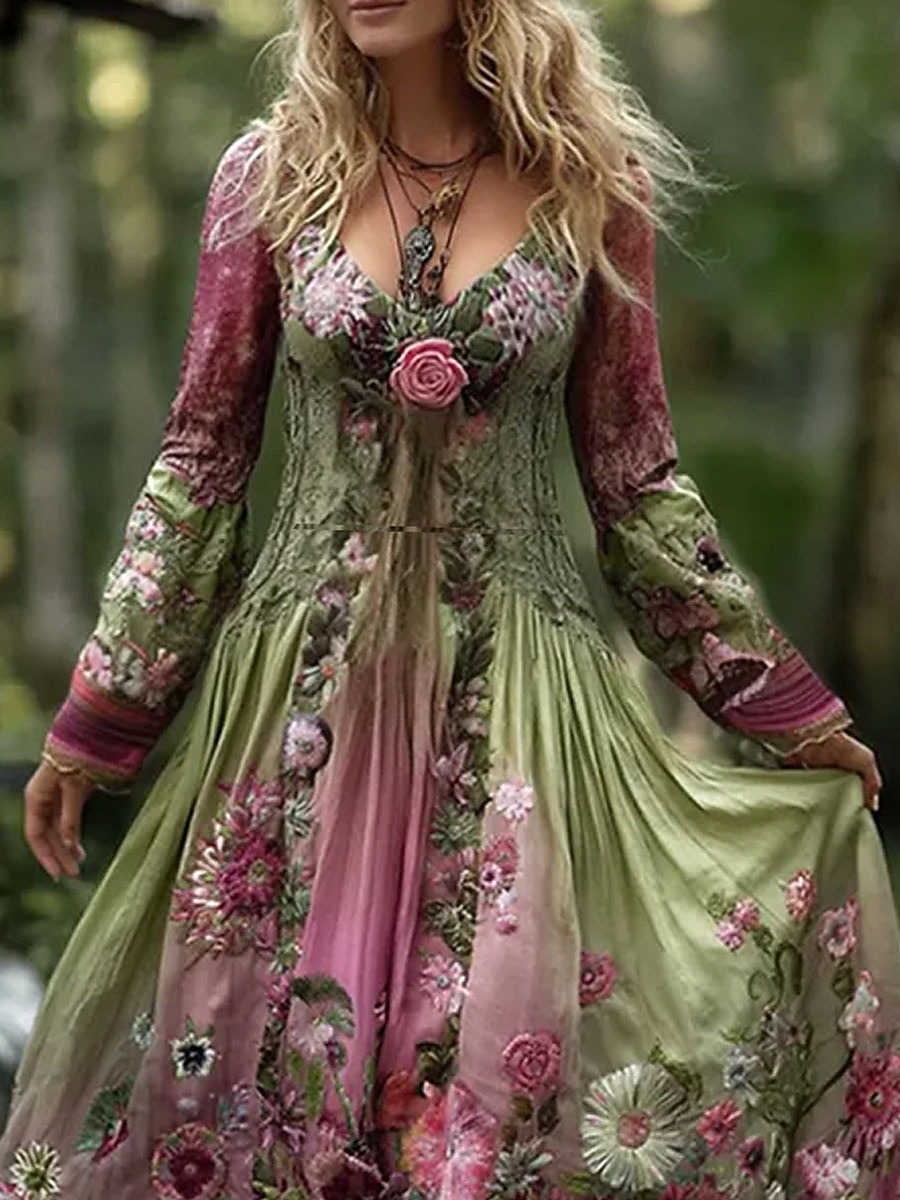 Maxi sukienka dla kobiet sukienka w kształcie litery A sukienka dopasowana i rozkloszowana vintage boho na randkę regularny krój kwiatowy nadruk długi rękaw dekolt w serek zielona wiosna jesień zima 2025 - $36.99 –P2