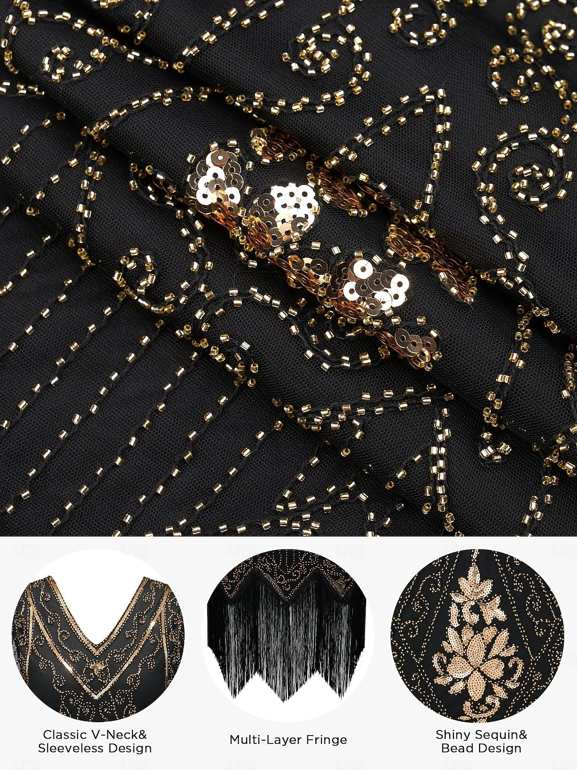 Zestaw Retro / vintage Ryczące 20s 1920 roku Do kolan Sukienka w stylu lat 20-tych Sukienka koktajlowa Wymyślny kostium z akcesoriami Krótkie rękawy Wielki Gatsby Dziewczyna podlotek Cekiny Frędzel W 2026 - $52.99 –P2