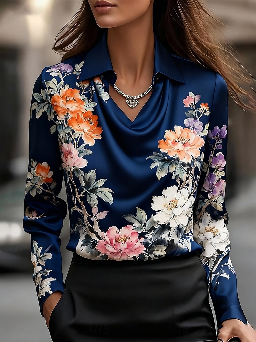 Pentru femei Cămașă Imprimeu Decorat Floral Elegant Stilat Casual Manșon Lung Glugă Gât Topuri obișnuite Zilnic Muncă Concediu Bleumarin Primăvară Toamnă 2026 - $34.99 –P1
