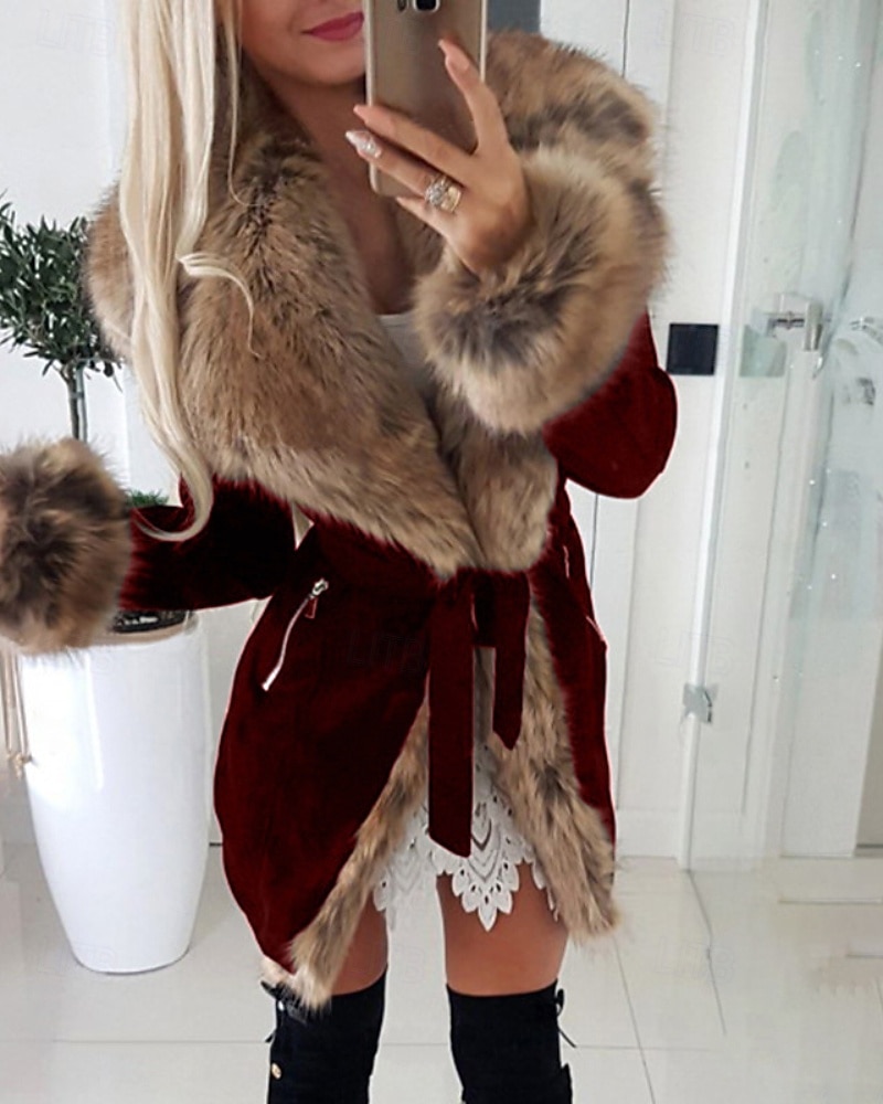 Femmes Manteau d'Hiver Manteau Manteau en Fausse Fourrure Chaud Confortable Patchwork Occasionnel Uni Extérieur Vacances Sortir Week-end Long Col Rabattu Mince manche longue Vêtements d'extérieur de 2025 ? $51.99 –P4