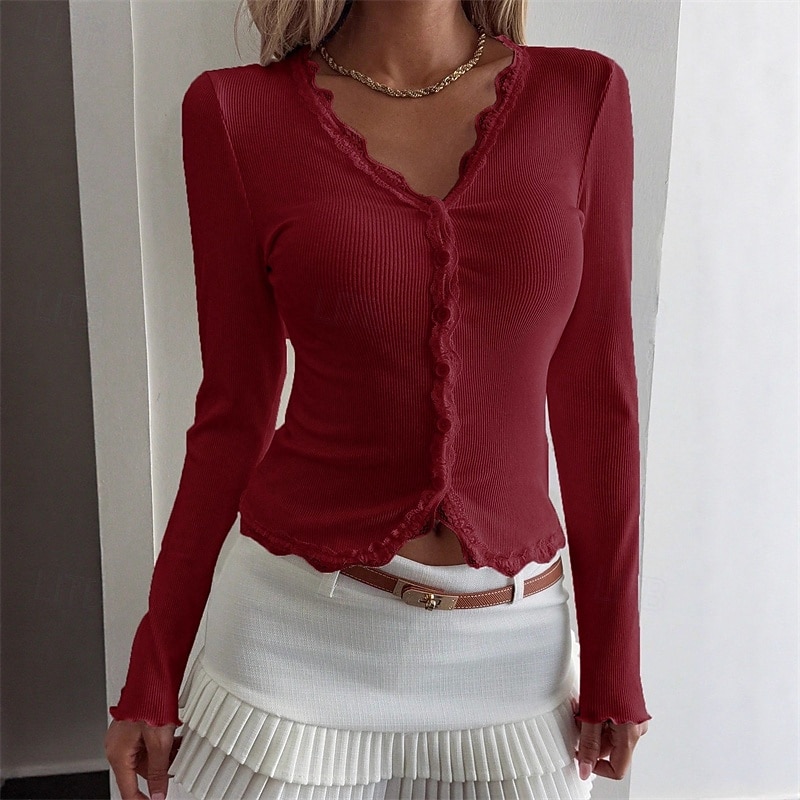 Mujer Blusa Tops elegantes Tops de encaje Tops ajustados Frunce Sayo Ribete de encaje Plano Elegante Vintage damas Manga Larga Escote en Pico Tops regulares Diario Trabajo Festivos Negro Blanco Vino 2026 - $28.99 –P8