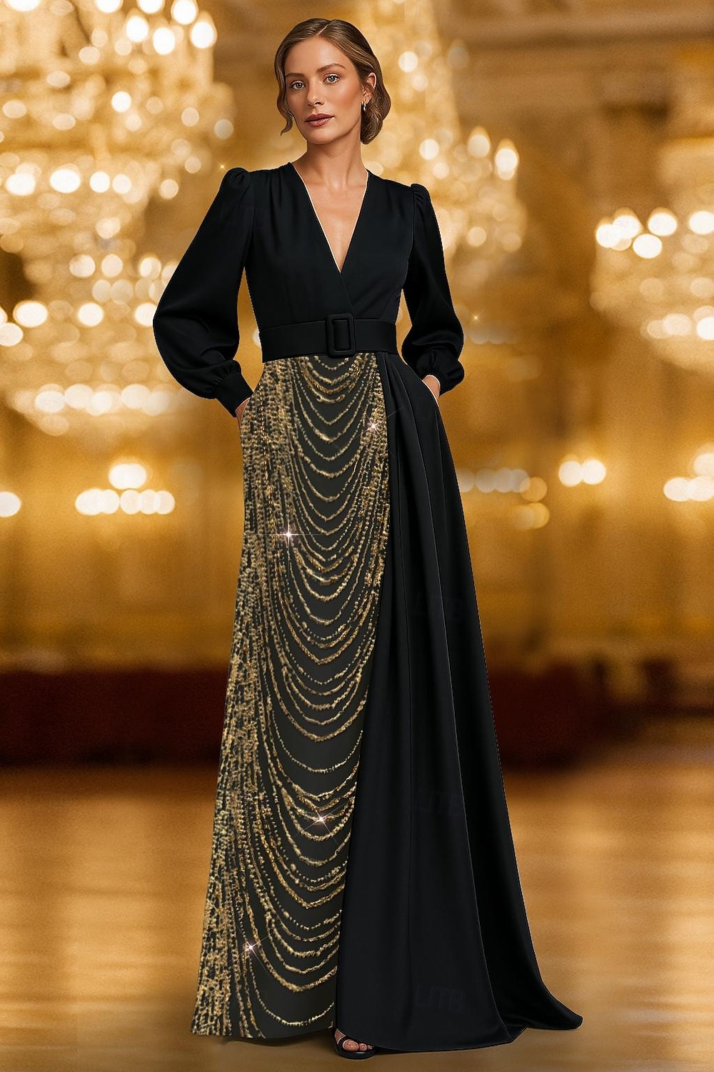 2025年 Ａライン フロア丈 イブニングドレス オーバースカート付きボールガウン フォーマルドレス エレガント カラーブロック 高分割 長袖 Ｖネック フォーマル 結婚式 サテン スパンコール ととも​​に グリッター素材 刺繍 2025  コレクション – $169.99 –P1