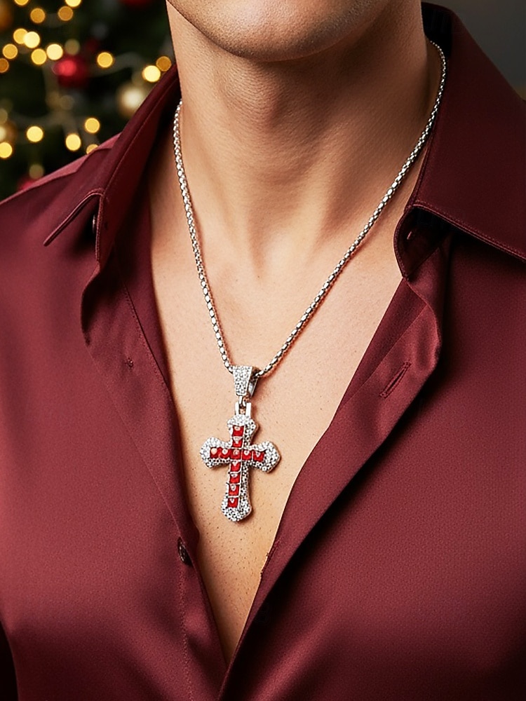 Мужское рождественское ожерелье-крест из сплава, разноцветное, с искрящимся кристаллом, стильный аксессуар для праздничных вечеринок и повседневной носки 2026 - $9.99 –P1