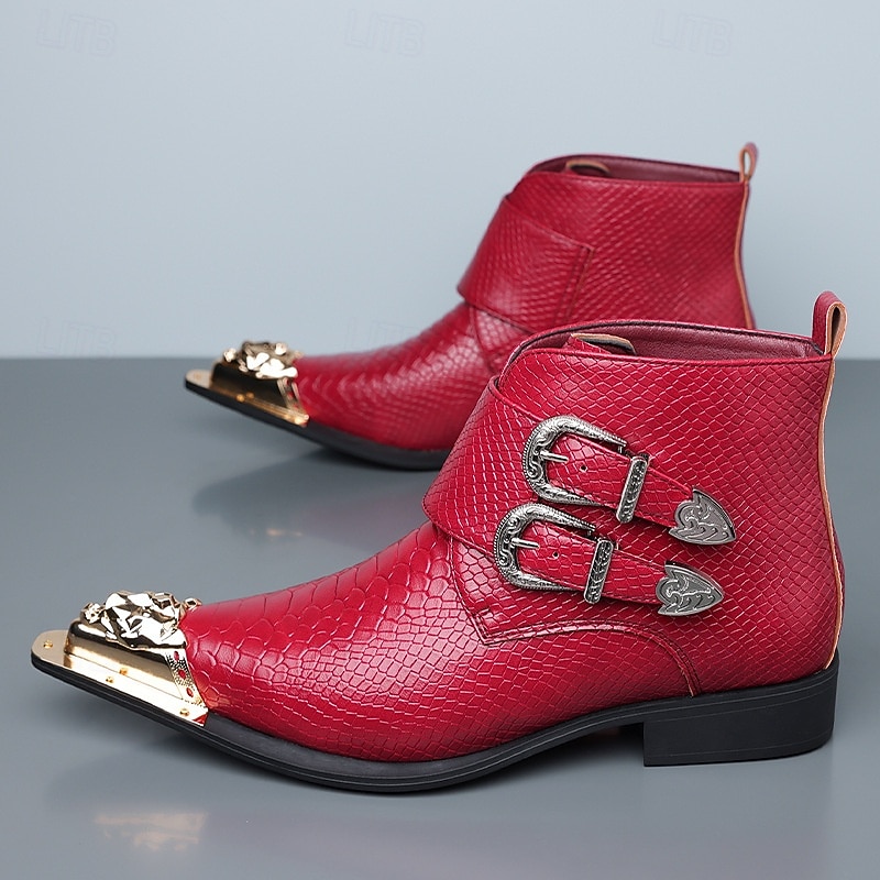 Punaiset keinonahkaiset krokotiilikuvioiset miesten kengät, joissa kaksoissolki – ylelliset juhlakengät joulujuhliin ja tyylikkäisiin iltatilaisuuksiin 2025 - $89.99 –P5