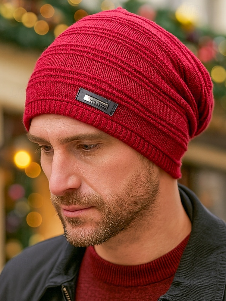 2025年 クリスマス用のメンズニットビーニーハット、柔らかいアクリルとフェイクファー、冬のファッションに最適な複数の色  コレクション – $11.99 –P1