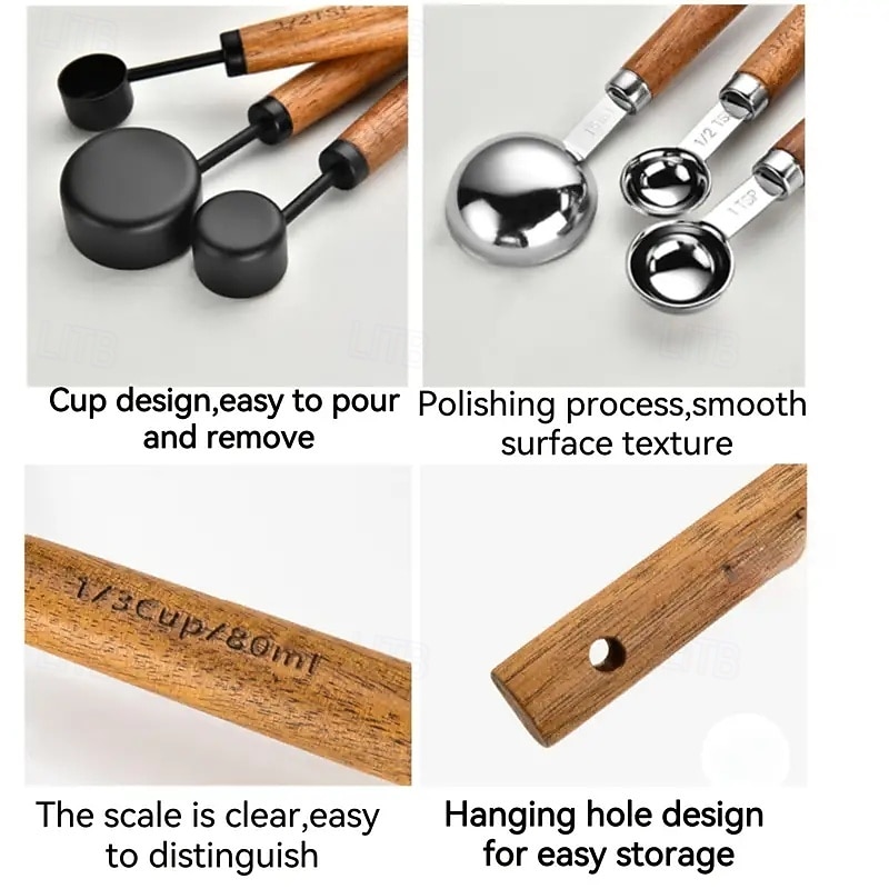 مجموعة من 8 قطع من أكواب القياس والملاعق - أكواب قياس من الفولاذ المقاوم للصدأ بمقبض خشبي، مجموعة ملاعق قياس معدنية، مجموعة قياس المطبخ للمطبخ/الطعام/الخبز 2026 - $45.99 –P14