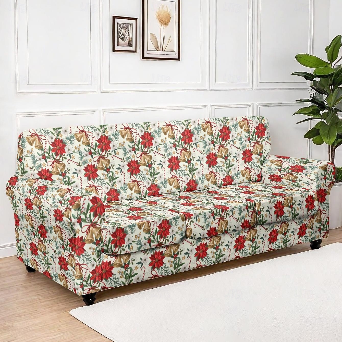 Fundas navideñas para sillones y sofás, confeccionadas en poliéster elástico teñido con hilo, con diseño de plantas, ideales para la decoración navideña del hogar. 2025 - $29.99 –P2